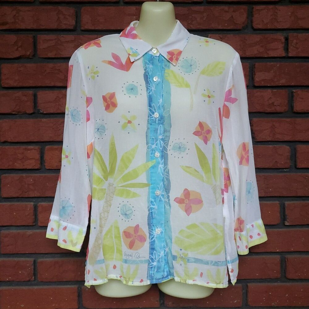 Sigrid Olsen 100% Cotton Button Up Shirt Petite M Floral 3/4 Sleeve Top Beach